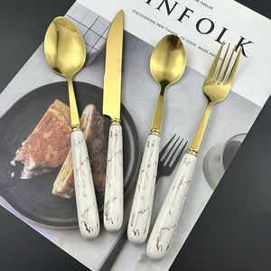 Ensemble de couverts en céramique marbrée de haute qualité avec manche doré, couteau, fourchette et cuillère en acier inoxydable, 24 pièces, coffret cadeau - Product Image 6