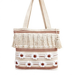 Bolso Tote Bohemio con Bordado de Cuentas, Diseño Panelado, Bolso de Hombro de Algodón para Mujer, con Cierre de Cremallera, Ideal para Compras de Verano - Product Image 1