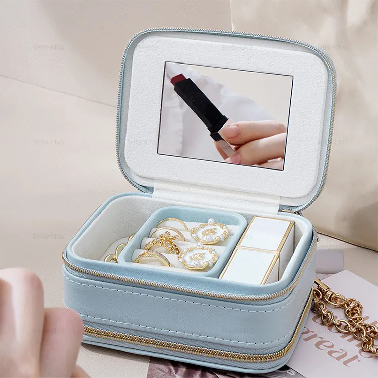 Shi Sheng hai lớp xách tay PU da mini du lịch hộp đồ trang sức cho bông tai vòng cổ vòng đeo tay hộp lưu trữ với gương