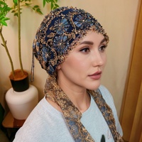 Voile islamique queue de poisson haut de gamme 2026 - Foulard en dentelle perlée fait main avec broderie florale et franges