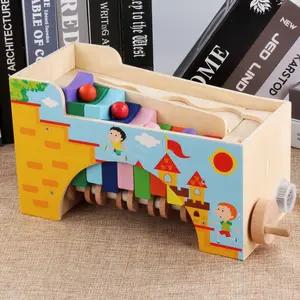 2021 Children's wood hand rolling ball up the stairs game baby early education music training focus toys wooden music box toys