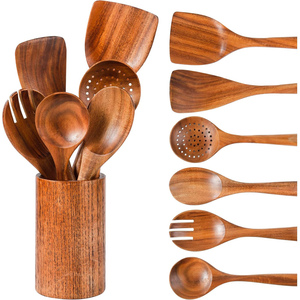 Accessoires de cuisine, ustensiles de cuisine, organisateur de cuisine, ensemble d'ustensiles en bambou avec support, ustensiles de cuisine pour la cuisson - Product Image 1