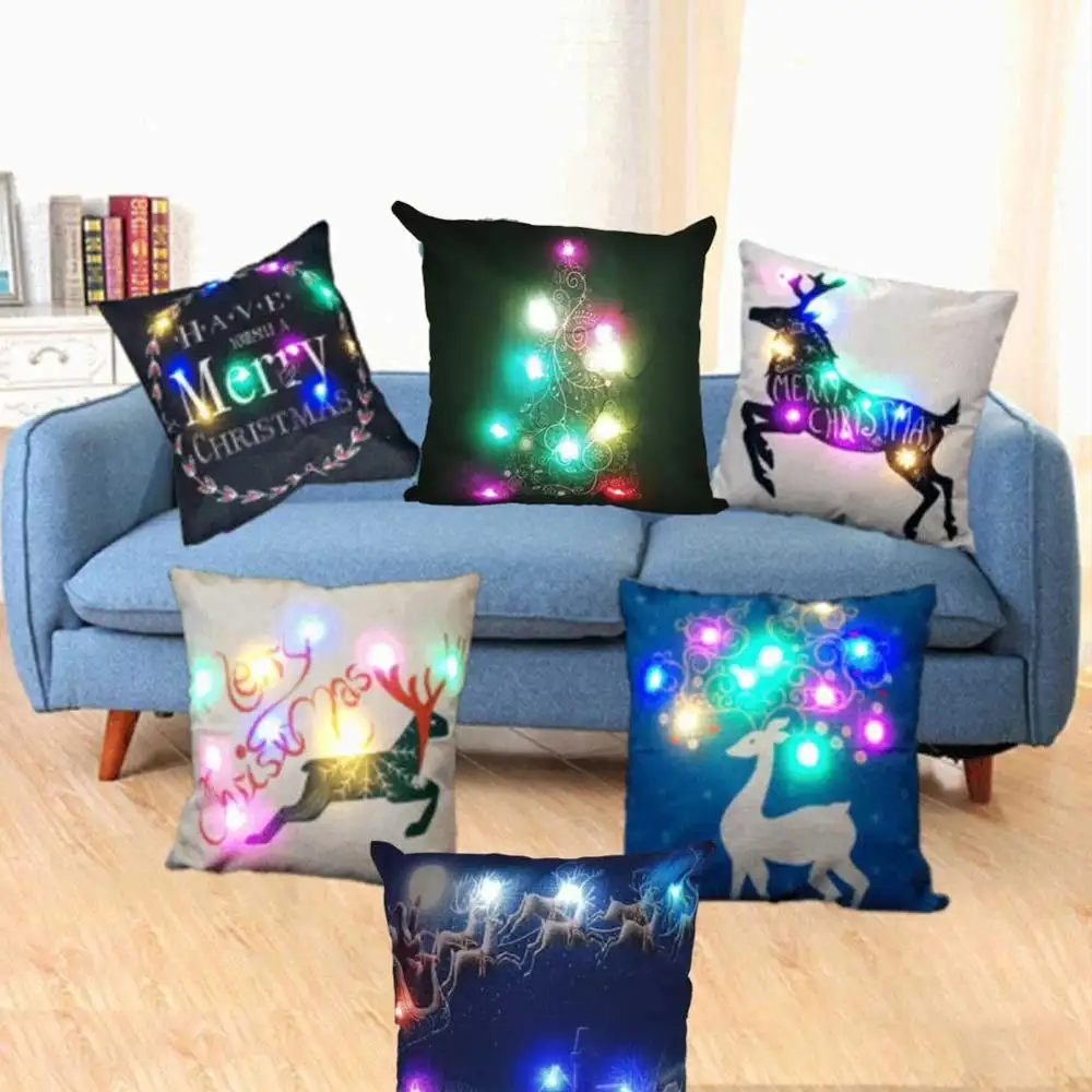 Led Pillow Case Christmas Decoration Christmas Deer Cotton Linen Cushion Cover For Home