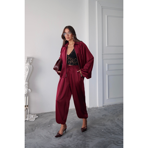 Conjunto de Traje de Satén para Mujer, Color Rojo Burdeos, Pantalones de Manga Larga, Ropa Formal Elegante, Talla S - Product Image 4