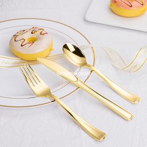 Cubiertos de plástico dorado-Juego de cubiertos de plástico dorado Cubiertos Vajilla Cuchillos para fiesta de cumpleaños - Product Image 4