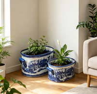 Set 2 Pot Tanaman Keramik Biru dan Putih Gaya Eropa dengan Pola Lanskap, Pot Oval dengan Pegangan Samping, cocok untuk foot bath
