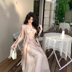 Vestido Midi Estilo Francés con Cuello Cuadrado y Lazo, Cintura Imperio, Casual para Uso Diario - Product Image 1