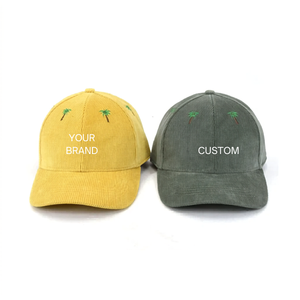 Custom Embroidery Corduroy Baseball <b>Cap</b> Unisex Adjustable 6-Panel Tropical Palm Tree Design Yellow Green Casual <b>Hat</b> - Product Image 4