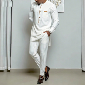 Ensemble Kaftan Blanc <span class=keywords><strong>Moderne</strong></span> pour Hommes Africains, 2 Pièces, Tunique à Manches Longues et Pantalon pour Usage Quotidien, Aïd, Ramadan et Événements Décontractés - Product Image 3