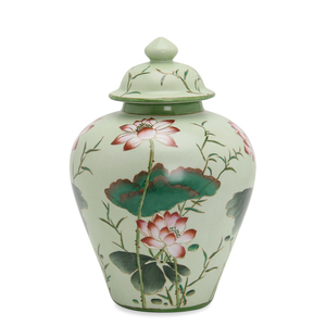Théière en céramique chinoise J183/J182 avec peinture de lotus, en porcelaine verte de style Temple, pour la maison, également utilisable comme vase à gingembre - Product Image 1