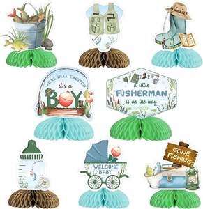 Décorations de Baby Shower 8 pièces, centres de table nid d'abeille sur le thème du pêcheur 'Un petit pêcheur est en route', fournitures pour fête de révélation du sexe - Product Image 1