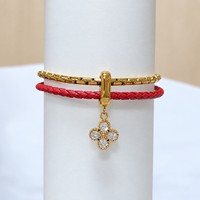 Bracelet double couche pour femme en acier inoxydable plaqué or, chaîne à billes, cordon en cuir tressé, charme trèfle à quatre feuilles en zircon cubique