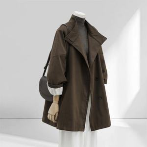 Manteau coupe-vent beige croisé pour femme, nouvelle collection printemps-automne 2026, style coréen, col montant, coupe ample, décontracté, mi-long - Product Image 1