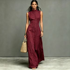Cross-border for 2026 New <strong>Women</strong> Minimalist Style Polyester Splicing <strong>Summer</strong> Single-breasted Sleeveless <strong>Long</strong> <strong>Dress</strong> - Product Image 5