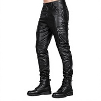 Pantalon cargo en cuir pour homme, coupe slim, avec genoux côtelés, style motard, brodé, vintage, imperméable, personnalisé, noir, vente en gros