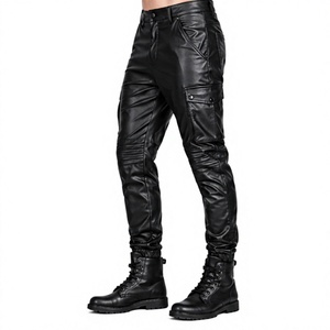 Wholesale Mens Leather Cargo Pants Ribbed Knee Slim Fit Motorcycle Biker Trousers Custom Black Faux Genuine Leather Joggers Men - Product Image 2