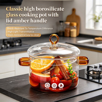 Articles pour la maison et la cuisine, verrerie écologique, fait main, pot de cuisson en verre borosilicate transparent de haute qualité avec couvercle et poignées ambrées