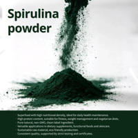 Poudre de spiruline de qualité alimentaire, extrait végétal, production éco-responsable et durable avec échantillons gratuits et emballage en bouteille