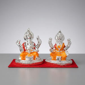 Silver Plated Ganesh Lakshmi Murti Set 2.7 Inch Hindu Religious Idol Decorative <b>Statue</b> Pooja Home Temple Decor Gift - Product Image 1
