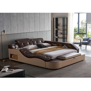 2020 luxury leather soft bed USB charging modern multifunction smart bed king size storage bed