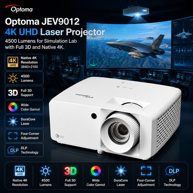 Optoma JEV9012 4K UHD Laser Projector 4500 Lumens for VR Simulation with DLP Technology and 3D