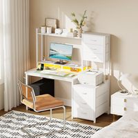 Bureau d'ordinateur et de jeu blanc avec huche, tiroirs en tissu et rangement, idéal pour le télétravail, l'étude et l'écriture, pour chambre à coucher