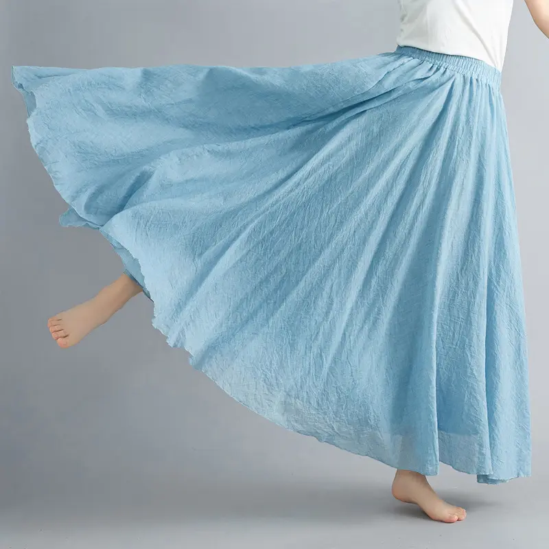 PDEP women's summer 2023 cotton and linen skirt dress elastic waist linen long solid color A-line skirt for women