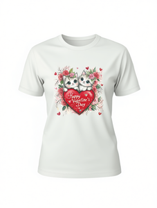 T-shirt da donna per San Valentino con stampa gatto e cuore, girocollo, manica corta, casual, primavera estate, 100% cotone jersey - Product Image 1