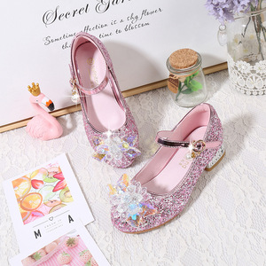 2026 New Fashion Princess Shoes for Girls Blue High Heels with Crystal Flowers for Big Kids Anti-Slip Children's Shoes - Product Image 2