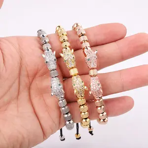 New Fashion High Quality 18K Gold Plated Stainless Steel Beads Cubic Zirconia Pave Leopard Charm Macrame Bracelet For Men