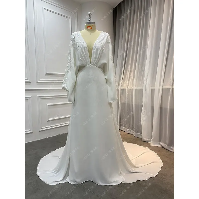 Vintage Flared Cut A Line Plunge V Neckline Floral Embellishment Drape Sleeve Civil Simple Chiffon Wedding Dress Bridal Gown