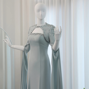 Arabie Saoudite Sauge <span class=keywords><strong>Vert</strong></span> Sirène Robe De Soirée Avec Cape Manches De Luxe Perlé Dubaï Femmes Robes De Soirée De Mariage SZ424 - Product Image 5