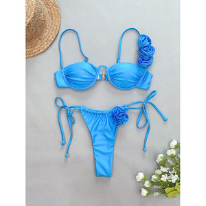 Nieuwe Tweedelige Effen Kleur Bikini 3d Bloem Badpak Push Up Sexy Bikini Set - Product Image 1