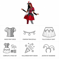 Ensemble de costumes de cosplay de clown maléfique pour femmes, mini-robe à rayures asymétriques et imprimé diamant avec col à pompons