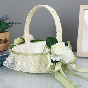Faux Flower & Lace Basket Fresh Vintage Style Flower Girl Handbag Basket <b>Wedding</b> Decor <b>Prop</b> - Product Image 1