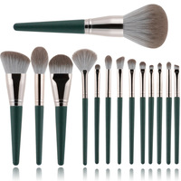 14 pièces pinceaux de maquillage à manche en bois vert de luxe avec correcteur sourcils rouge à lèvres pinceau plat