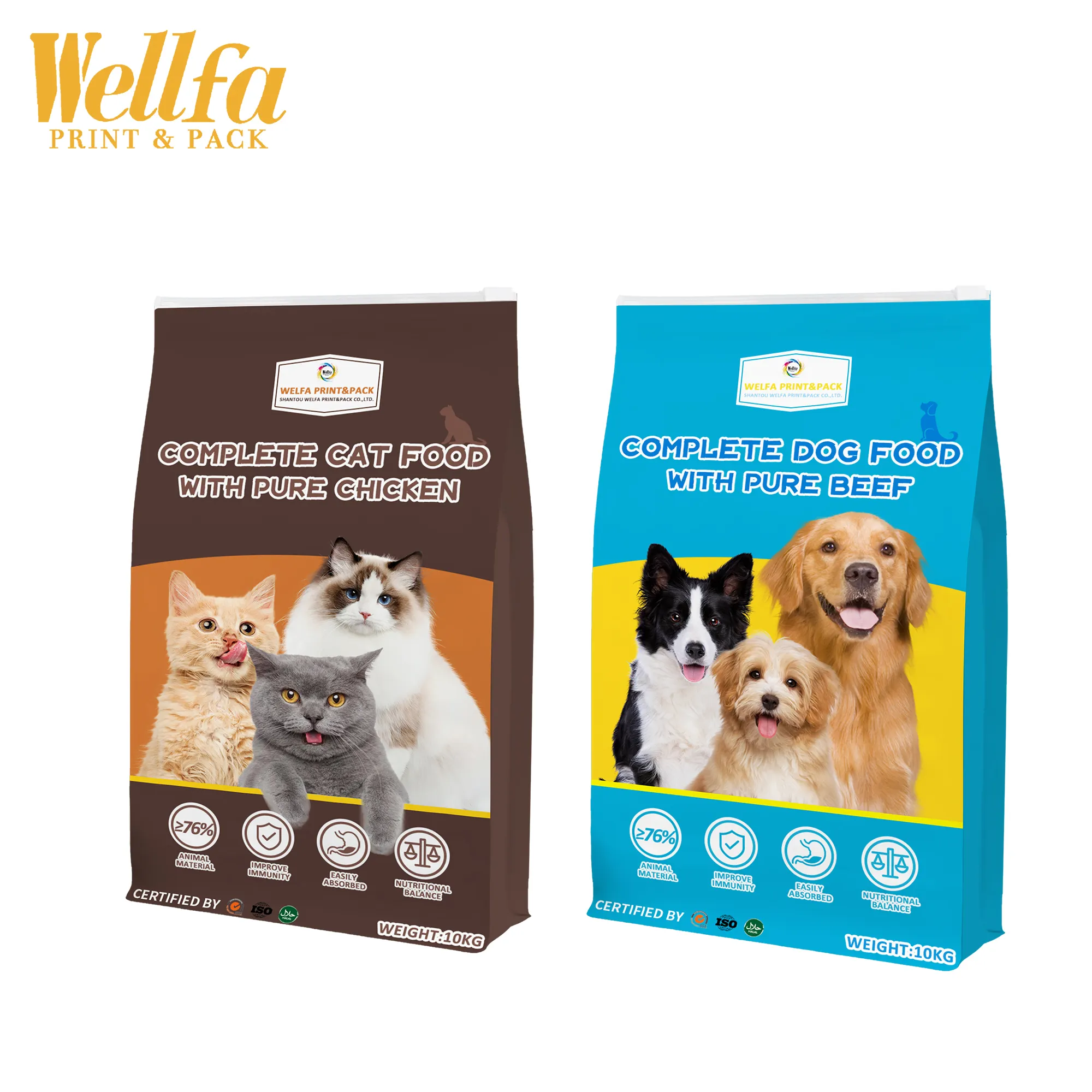 Sacos de alimento de alumínio para cachorros, sacos de 15kg 20kg 50kg impressos personalizados, sacos de fundo plano, embalagem de plástico seco, sacos para comida de cachorro