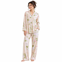Pyjama Femme à Manches Longues en Satin Rayonne de Haute Qualité, Imprimé Floral, Col Revers, Doux Poudre Légère Romantique pour Usage Domestique