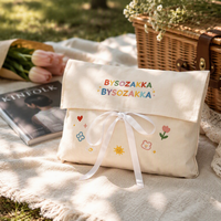 Pochette à rabat en toile brodée sur mesure avec nœud en ruban, motif dessin animé mignon, sac de rangement en coton pour voyage et cadeau, vente en gros