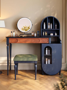 Premium Arched Hutch Makeup <b>Vanity</b> Set Fluted Glass Side Cabinet With <b>Mirror</b> & Corduroy Stool For Bedroom - Product Image 1