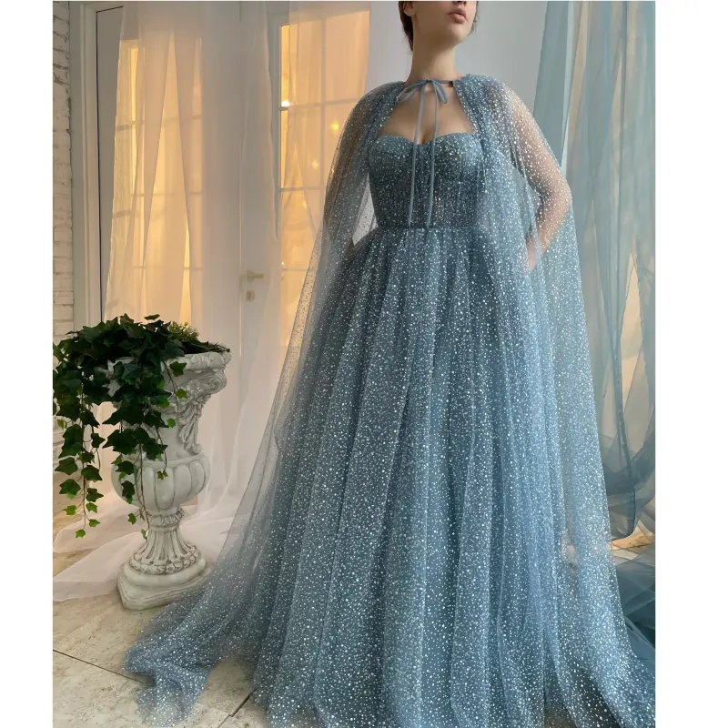 Detachable Two Piece Set Sweep Train Blue Sleeveless Strapless A-line Wedding Dress For Plus Size Women Party Prom Evening Dress