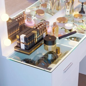 Nouvelle conception de coiffeuse en <span class=keywords><strong>bois</strong></span> avec plateau en verre, ensemble de tables de maquillage blanches, coiffeuse avec miroir à lumière LED - Product Image 4