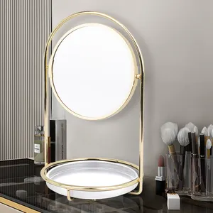 Alta Qualidade Desktop Standing Metal Golden Frame Feminino Maquiagem Espelho Mesa Espelho Cosméticos Com Jóias Bandeja Preta
