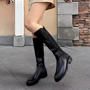 Bottes hautes pour femmes <span class=keywords><strong>en</strong></span> <span class=keywords><strong>cuir</strong></span> véritable noir haut de gamme, style western décontracté, avec plateforme unique et fermeture éclair arrière, chaussures tendance pour femmes - Product Image 1