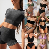 Traje de baño de tres piezas al por mayor, traje de baño bikini para mujeres, traje de baño acanalado para chicas, estilo mixto