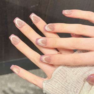 Ongles en acrylique à presser faits à la main, très résistants, effet œil de chat, French, courts, carrés, moyens, ovales, pour mariage, vente en gros - Product Image 4