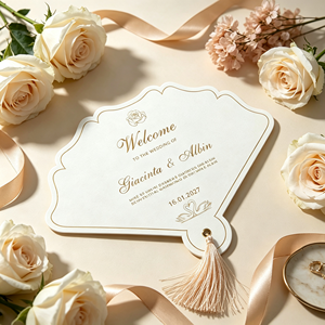 Carte d'invitation de mariage en forme d'<span class=keywords><strong>éventail</strong></span> Qiaohan estampillée or avec impression numérique sur papier, conception de découpe spéciale personnalisée - Product Image 2