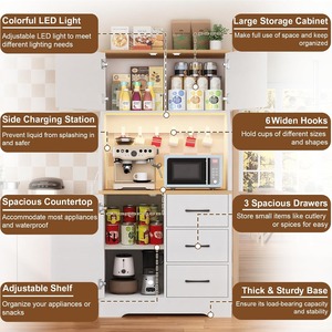 Buffet de cuisine moderne blanc haut avec étagères réglables et 3 tiroirs, éclairage LED et station de charge pour cuisine et salle à manger - Product Image 6
