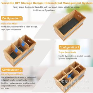 Caja de almacenamiento de utensilios de bambú con múltiples compartimentos, organizador de cocina con separador acrílico y tapete antideslizante para utensilios de mesa. - Product Image 5