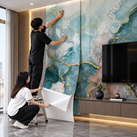 Papier peint auto-adhésif en marbre bleu turquoise et or blush de 1 mm, feuilles IXPE de 1,2 x 3 m pour les murs décoratifs des chambres d'hôtel